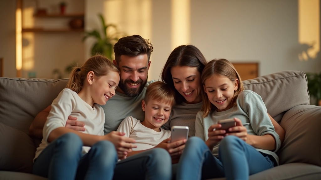 Familie zit samen op bank, gezellig moment zonder telefoons, echt contact