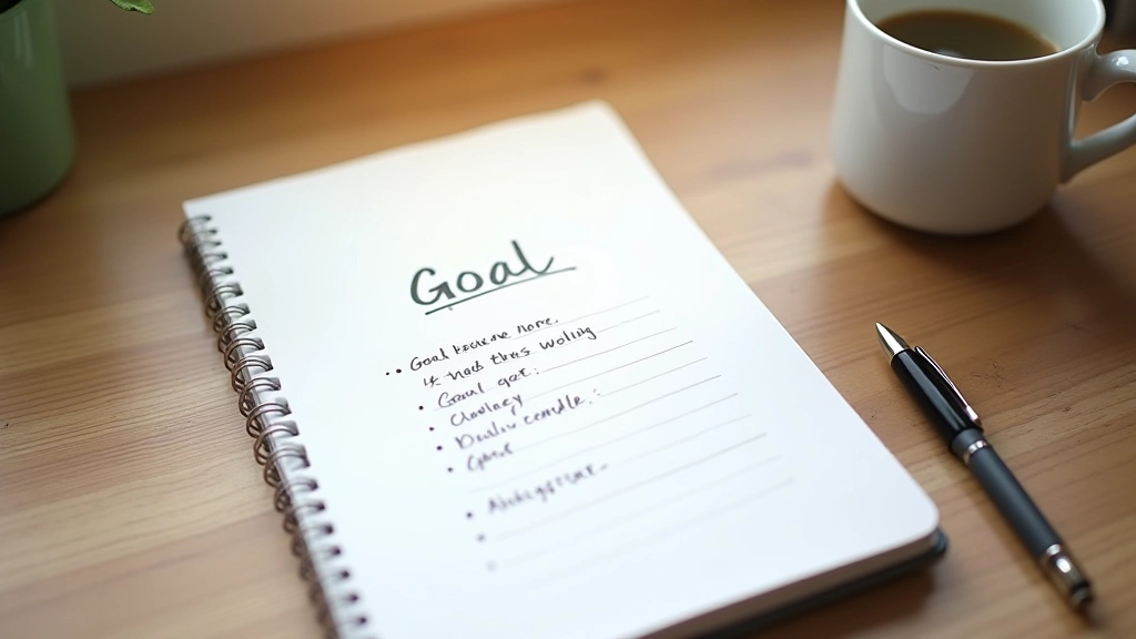 Notitieboek met handgeschreven SMART-doelen op houten bureau met kopje koffie en pen