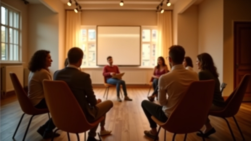 Trainingszaal met ronde stoelen in cirkel, warm licht, minimalistisch ingerichte ruimte voor groepssessies