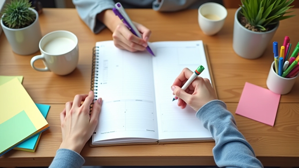 Persoon schrijft doelen op in dagboek met kleurrijke pennen en mindmap-notities