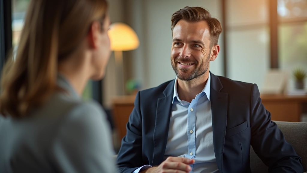 Kristof Vandermeulen in coaching sessie met cursist, focus op luisteren en begeleiding in moderne kamer