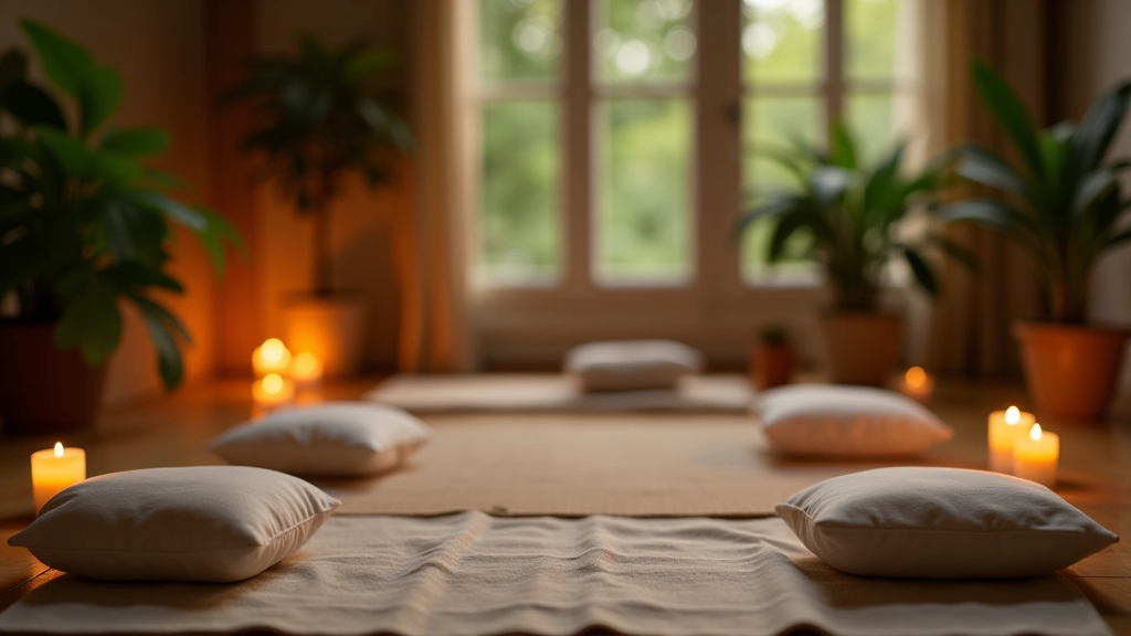 Stille meditatieruimte met kaarsen, planten en rustgevende decoratie, zachte belichting