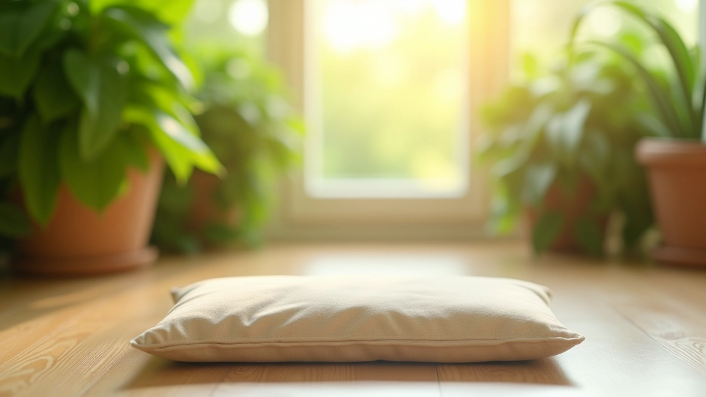 Rustige meditatieplek met groene planten en zachte natuurlijke verlichting