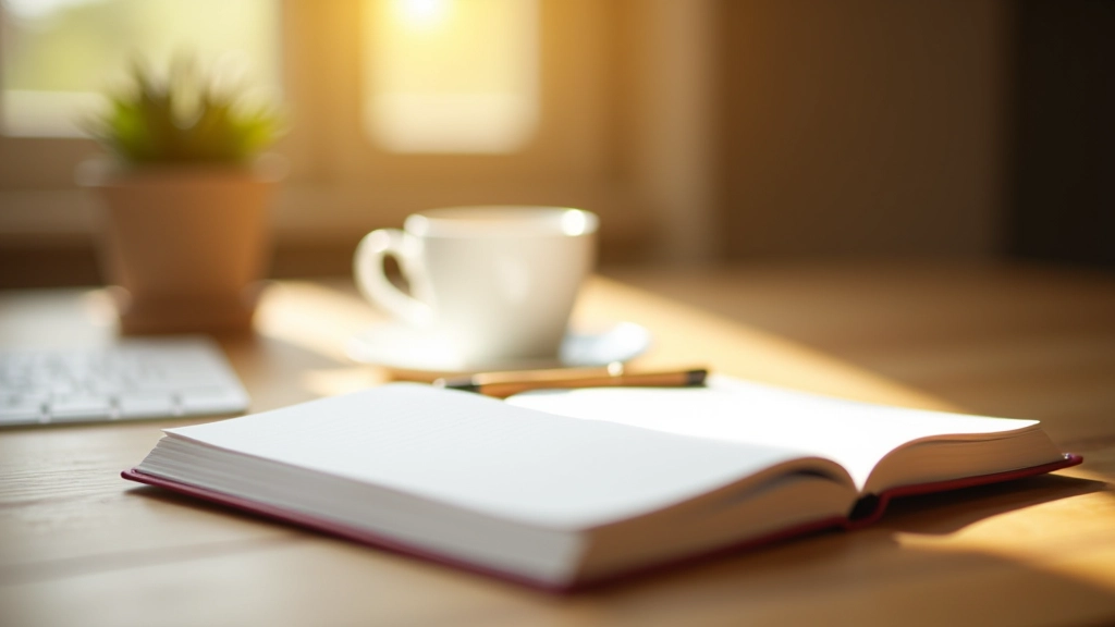 Journaal en pen op een houten tafel, kopje thee ernaast, ochtendlicht, minimalistische setup