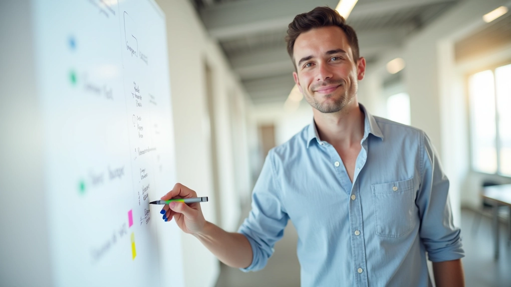Persoon schrijft stap-voor-stap plan op whiteboard met verschillende kleuren markers