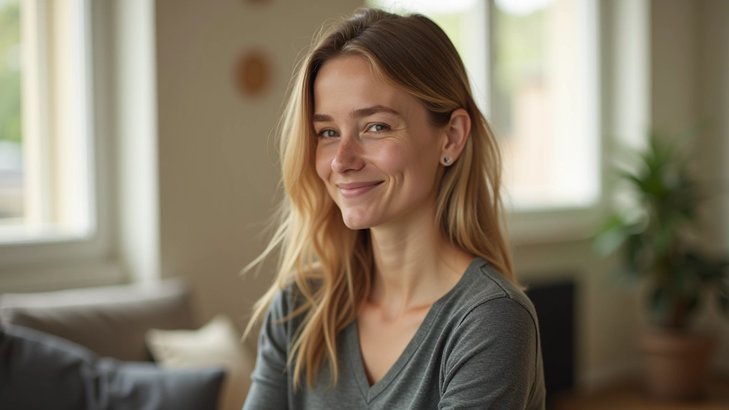 Persoon zit ontspannen op stoel met vredig gezichtsuitdrukking in huisinterieur