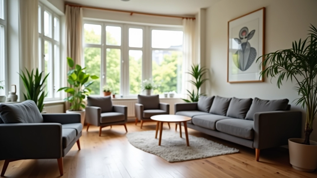 Privécoachingkamer met comfortabele stoelen, bureau, grote ramen met natuurlijk licht