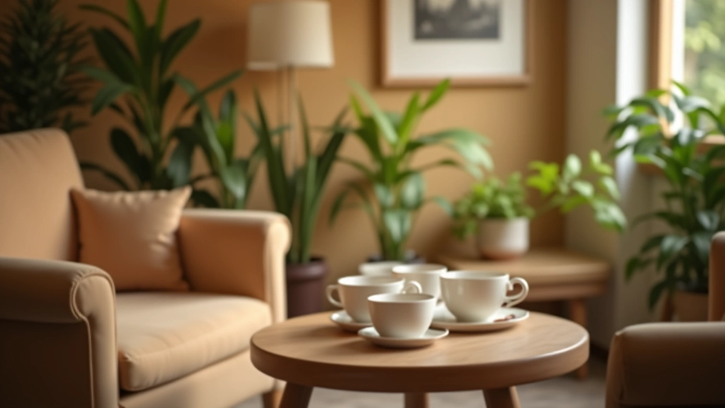 Ontspanningsruimte met thee en koffie, gezellige lounge met zachte verlichting en planten