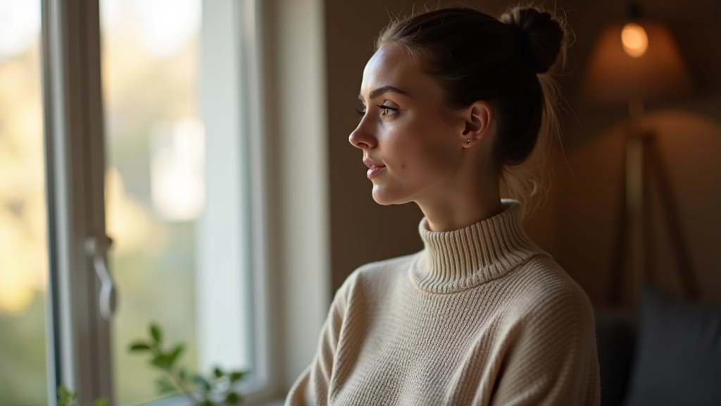 Vrouw die peinzend uit het raam kijkt, natuurlijk licht van buiten, moderne huiskamer, rustige sfeer