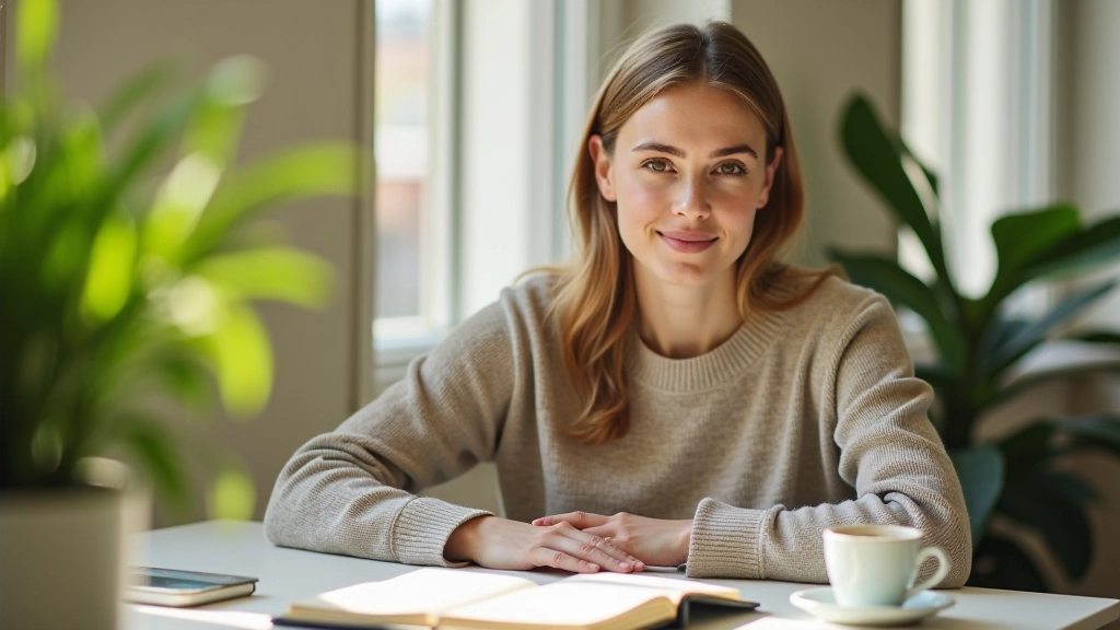 Vrouw zit aan bureau met notitieboek, koffie en planten eromheen in een rustige werkruimte