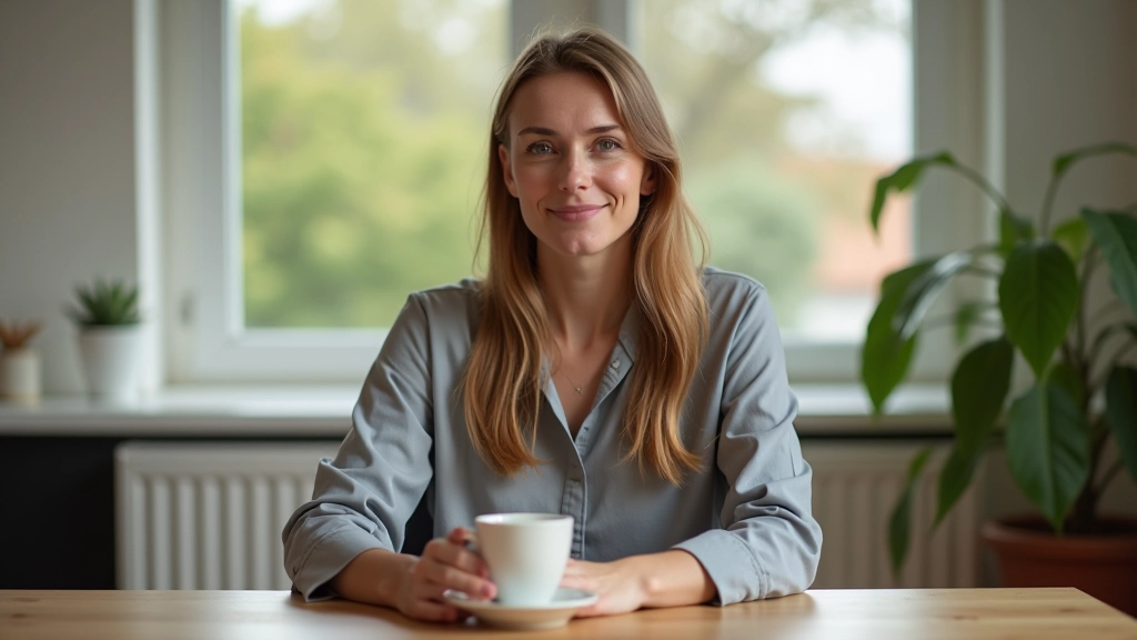 Persoon zit ontspannen aan houten tafel met kopje koffie, serene werkplek thuis