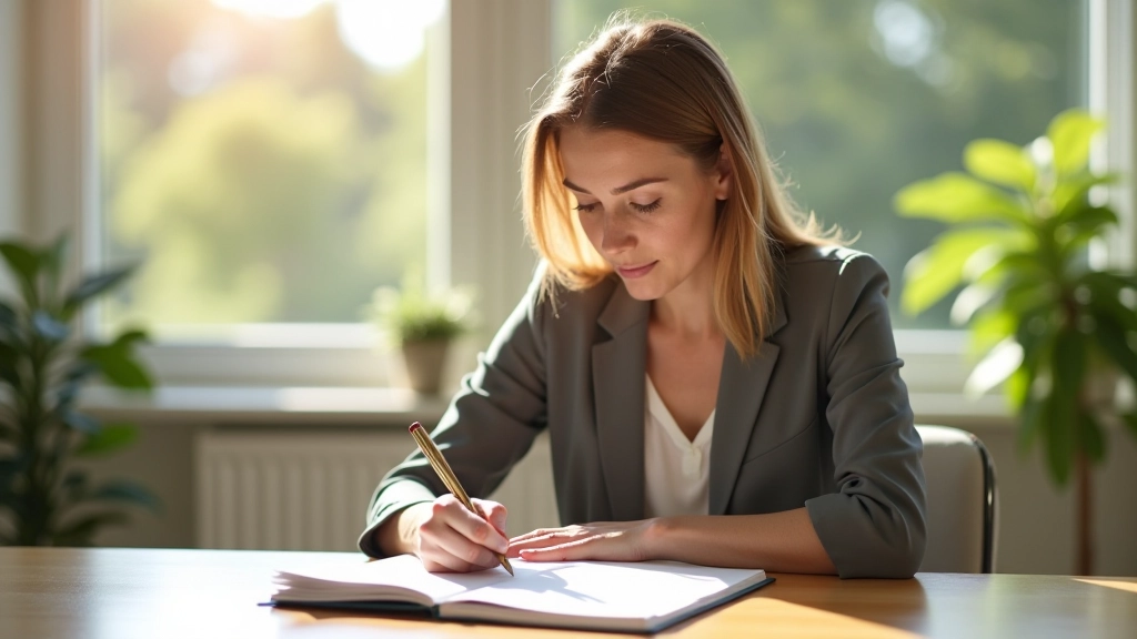 Vrouw schrijft in dagboek aan zonnig bureau, reflectie en planning moment