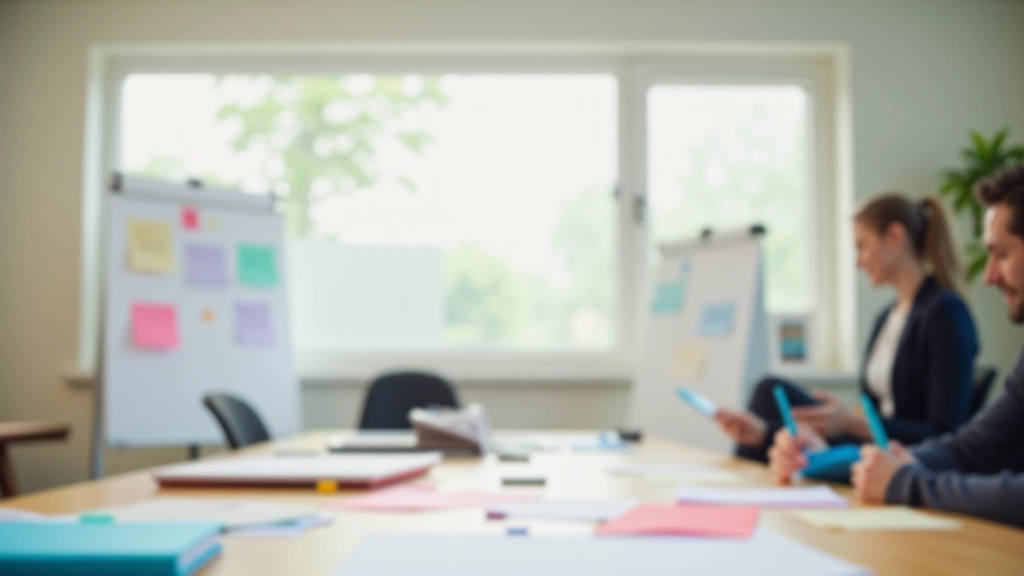 Werkplaatsruimte met flip-charts, kleurige markers en whiteboards voor interactieve sessies